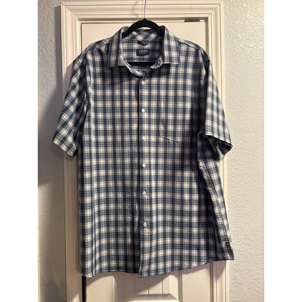 Chaps Mens XXL Blue White Plaid‎ Button Up Shirt Short Sleeve Polyester Pocket